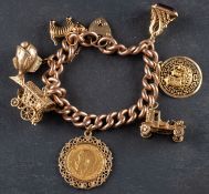 A curb-link charm bracelet, with heart-shaped clasp, the bracelets stamped '9CT',
