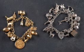 Two curb-link, charm bracelets with heart-shaped clasps,
