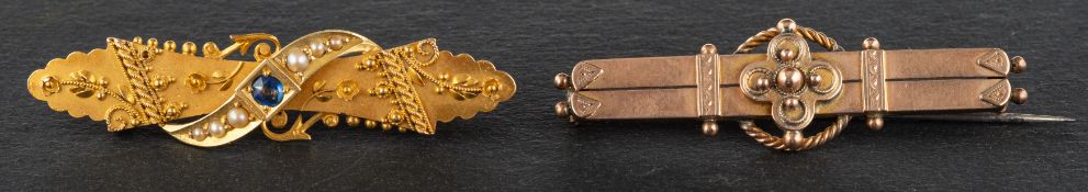 Two bar brooches, including an Edwardian, 15ct gold,