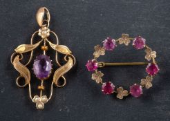 A gemset pendant and brooch, including an amethyst and seed pearl openwork pendant, length ca.