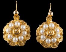 A seed pearl and cannetille pair of earrings, of flowerhead design, with hook fittings,