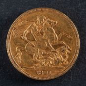 A Victorian gold sovereign coin, dated 1891, diameter ca. 22mms, total weight ca. 7.9gms.