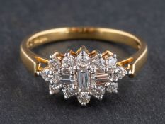 An 18ct gold, baguette and round, brilliant-cut diamond cluster ring,