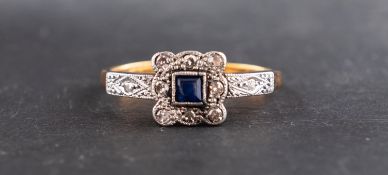 A square, step-cut sapphire and rose and single-cut diamond cluster ring,