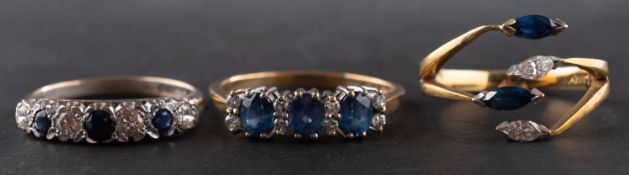 Three sapphire and diamond rings, including an 18ct gold, sapphire and diamond half-eternity ring,