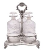 WITHDRAWN A George IV silver three bottle silver tantalus, Waterhouse, Hobson and Co, Sheffield,