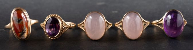 Five 9ct gold, single-stone rings,