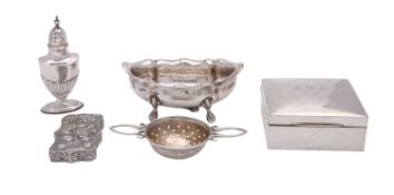 A mixed lot of silver items to include; a square cigarette casket, Birmingham 1903,