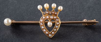 A cultured and seed pearl, 'Luckenbooth' bar brooch, total length ca. 4.5cm, total weight ca. 3.