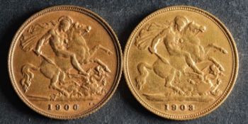 Two Edwardian Sovereigns dated 1903 and 1906.