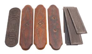 Two pairs of ribbed rectangular finger plates: together with a carved oak finger plate and three