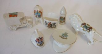 W H Goss and others, seven Military and other crested china pieces, including army peak cap,