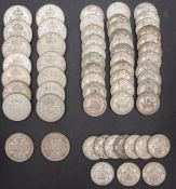 Approximately forty pre 1947 shillings, with approximately sixteen pre 1947 florins.