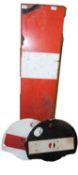 Three BR enamel home signal arms together with five spectacle plates.