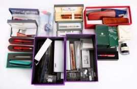 A collection of modern fountain pen, ball pen and propelling pencils,