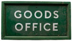 A Southern Railway wooden framed enamel station sign 'Goods Office',
