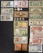 A collection of crown sized silver coins with banknotes including twenty £10 notes (various