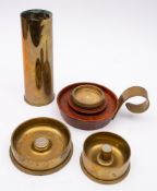 Two Falklands Island trench art shell case ashtrays, inset Falkland Island coins,