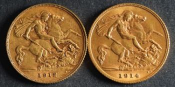 Two George V Half Sovereigns dated 1912 and 1914.