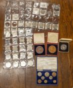 Crown sized coins including those dated in 1935 and 1937, 1980 silver proof crown, 1953 boxed set,