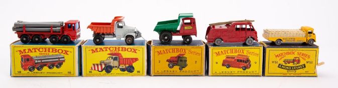 Matchbox Regular Wheels. A boxed group of commercial vehicles: comprising No. 9 Fire Truck, No.