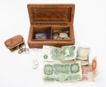 A collection of various coins including 1880 Maundy fourpence etc, in a wooden box.