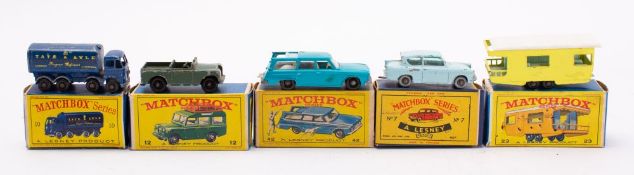 Matchbox vehicles, a collection of five to include no.42 Studebaker Station Wagon, no.