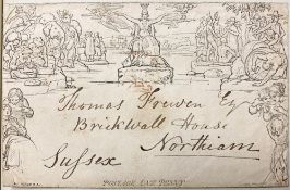 A collection of stamps in an alum with Great Britain 1840 Mulready envelope used,