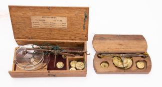 A set of 19th century original cased pocket scales in steel and brass with three graduated weights;