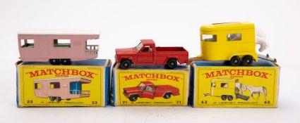 Matchbox. A boxed group of three: comprising No. 71 Jeep Pick Up, No.43 Pony Trailer and No.