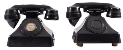 Two GEC CB Type (No dial) black Bakelite telephones, with brown fabric cord.