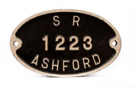 A Southern Railway cast iron oval wagon plate 'SR 1223 Ashford'.