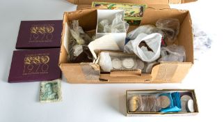 A collection of mixed world coins including Swiss and Italian, two 1970 proof sets,