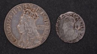 Charles II fourpence with Charles I penny.