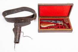 A reproduction Colt Navy pistol, blued 8 inch barrel and cylinder with engraved decoration,