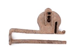 A large 18th/19th century steel padlock: with elongated hasp locking bar, 19.