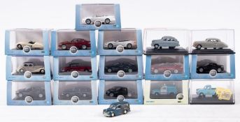 A boxed group of Oxford 1/76th scale vehicles, including railway, commercial and automobile series.
