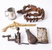 A copper and brass powder flask,