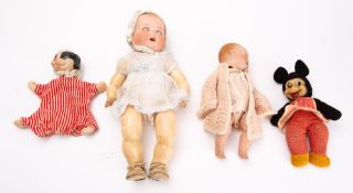 An Armand Marseilles bisque-head baby doll, moulded hair, blue glass sleeping eyes,