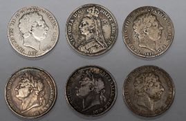 A collection of Crowns; two from 1819, one from 1920, one from 1821, one from 1822, one from 1891.