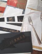Maritime lot with Cunard interest, Lusitania cap tallies, cutlery.