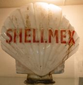 A 'Shellmex' double sided glass petrol pump globe, maker Hailware, red text on a moulded body,