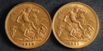 Two George V Half Sovereigns dated 1911 and 1913.