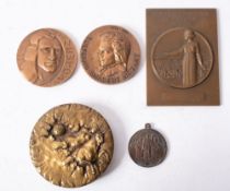 A group of five French bronze commemorative medallions,