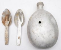 A WWII German aluminium water bottle, together with two combination fork and spoon utensils.