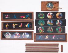 A 5 x 3 inch magic lantern lever slide of a man in a top hat with a pick- axe,