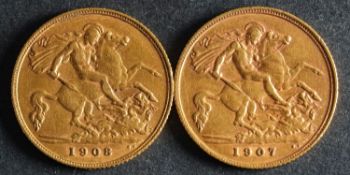 Two Edwardian Half Sovereigns dated 1907 and 1908.