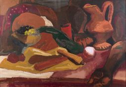 Mark Tobey (American, 1890-1976) A table scene, with a still life of fruits and a ewer,