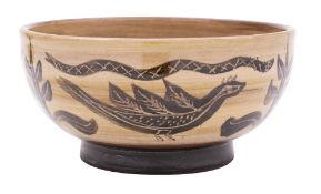*Bernard Forrester [1908-1990] a terracotta bowl the exterior decorated with black wash and incised