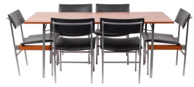 A teak and metal dining suite, circa 1960s; the rectangular table on simple straight legs,